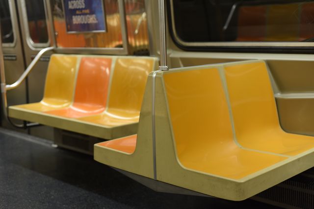 An empty New York City subway car.